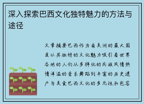 深入探索巴西文化独特魅力的方法与途径